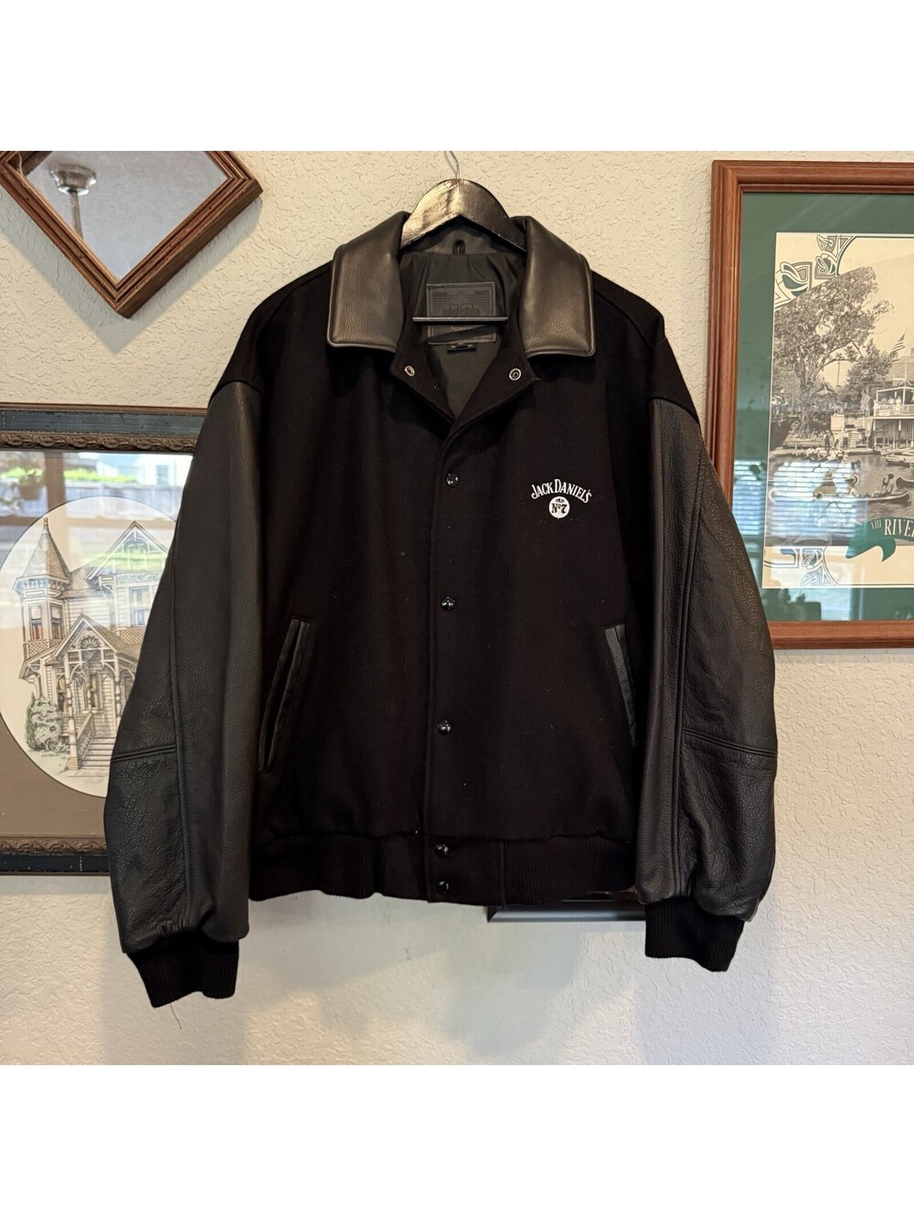 Vintage 90s RARE Jack Daniels No7 Wool/Leather Black Bomber Jacket Size Mens XL
